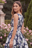 Navy Floral A Line Midi Wedding Guest Dress with Bow