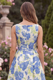 Blue Floral A Line Square Neck Midi Wedding Guest Dress with Bow