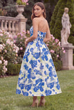 Blue Floral Strapless A Line Midi Wedding Guest Dress