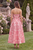 Strapless A Line Pink Floral Jacquard Wedding Guest Dress with Pockets