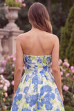 Blue Floral Strapless A Line Midi Wedding Guest Dress with Pockets