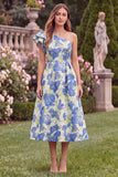 One Shoulder Blue Floral A Line Ruffled Midi Wedding Guest Dress