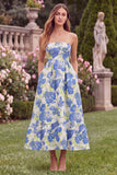 Strapless Blue Floral A Line Wedding Guest Dress with Pockets