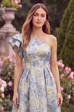 One Shoulder Floral Jacquard Light Blue A Line Midi Wedding Guest Dress