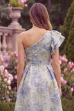 One Shoulder Floral Jacquard Light Blue A Line Midi Wedding Guest Dress