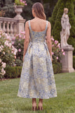 Light Blue A Line Floral Bow Jacquard Square Neck Wedding Guest Dress with Pockets