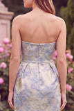 Strapless Light Blue Floral Jacquard Sheath Midi Wedding Guest Dress