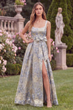 Jacquard A Line Blue Floral Square Neck Long Wedding Guest Dress with Bow