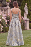 Jacquard A Line Blue Floral Square Neck Long Wedding Guest Dress with Bow