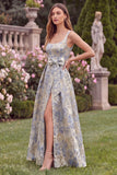 Jacquard A Line Blue Floral Square Neck Long Wedding Guest Dress with Bow