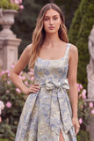 Jacquard A Line Blue Floral Square Neck Long Wedding Guest Dress with Bow