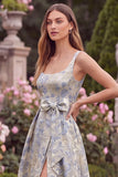 Jacquard A Line Blue Floral Square Neck Long Wedding Guest Dress with Bow