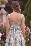 Jacquard A Line Blue Floral Square Neck Long Wedding Guest Dress with Bow