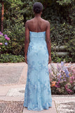 Strapless Blue Mermaid Floral Embroidery Wedding Guest Dress
