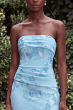 Strapless Blue Mermaid Floral Embroidery Wedding Guest Dress