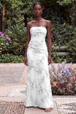 Strapless Blue Mermaid Floral Embroidery Wedding Guest Dress