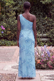 Sage Floral Embroidery One Shoulder Mermaid Wedding Guest Dress