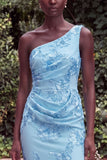 Sage Floral Embroidery One Shoulder Mermaid Wedding Guest Dress