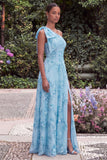 Daffodil A Line Floral Embroidery One Shoulder Wedding Guest Dress with Slit