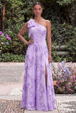 Daffodil A Line Floral Embroidery One Shoulder Wedding Guest Dress with Slit