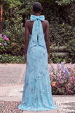 Halter Blue Mermaid Floral Embroidery Bow Keyhole Maxi Dress with Slit