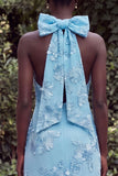 Halter Blue Mermaid Floral Embroidery Bow Keyhole Maxi Dress with Slit