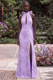 Halter Blue Mermaid Floral Embroidery Bow Keyhole Maxi Dress with Slit