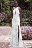Halter Blue Mermaid Floral Embroidery Bow Keyhole Maxi Dress with Slit