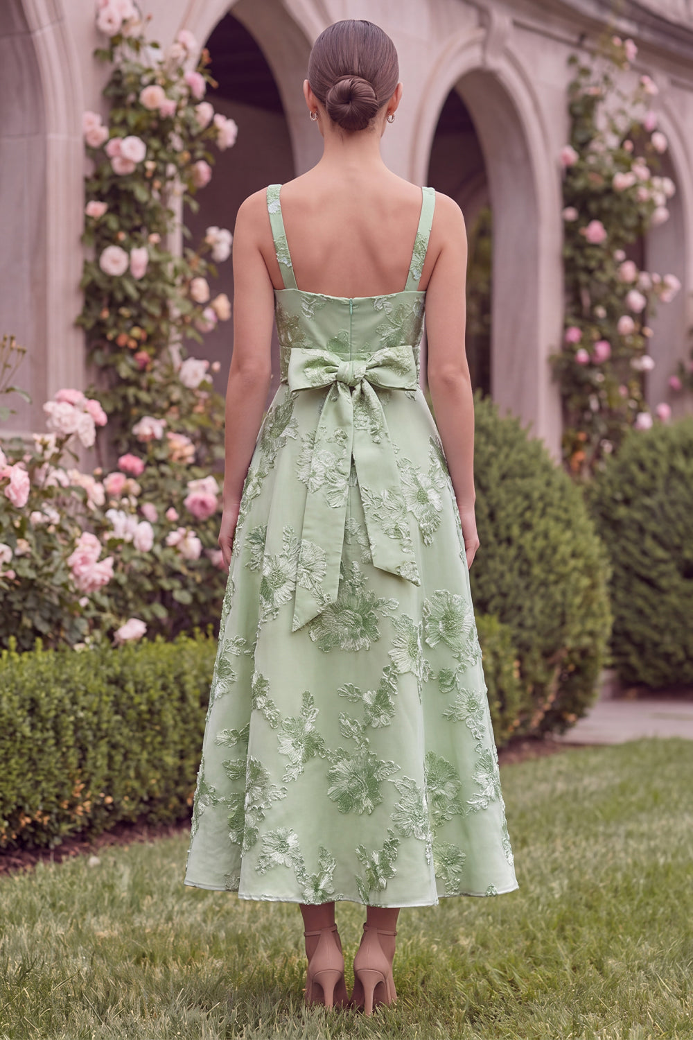 Wedtrend Women Sage Floral Wedding Guest Dress A Line Embroidery Square Neck Party Dress with Bow, Sage / US8