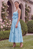 Sage Floral A Line Embroidery Square Neck Wedding Guest Dress with Bow