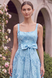 Sage Floral A Line Embroidery Square Neck Wedding Guest Dress with Bow