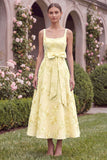 Sage Floral A Line Embroidery Square Neck Wedding Guest Dress with Bow