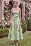 Sage Floral A Line Embroidery Square Neck Wedding Guest Dress with Bow