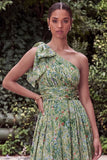 One Shoulder Sage Flower A Line Wedding Guest Dress with Bow