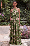 Halter Blue Flower A Line Tiered Maxi Dress with Lace-up Back