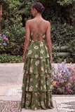Halter Blue Flower A Line Tiered Maxi Dress with Lace-up Back