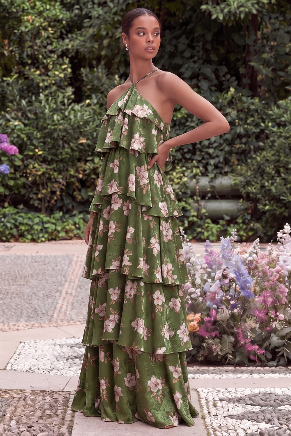 Wedtrend Women Halter Blue Flower Maxi Dress A Line Tiered Wedding Guest Dress with Lace Up Back, Green Flower / US26W