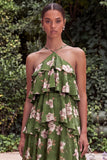 Halter Blue Flower A Line Tiered Maxi Dress with Lace-up Back