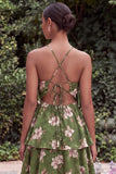 Halter Blue Flower A Line Tiered Maxi Dress with Lace-up Back