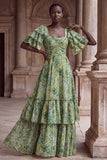 Green Flower A Line Tiered Square Neck Wedding Guest Dress with Sleeves