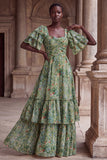 Green Flower A Line Tiered Square Neck Wedding Guest Dress with Sleeves