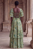 Green Flower A Line Tiered Square Neck Wedding Guest Dress with Sleeves