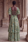 Green Flower A Line Tiered Square Neck Wedding Guest Dress with Sleeves