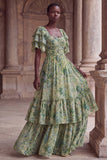 Green Flower A Line Tiered Square Neck Wedding Guest Dress with Sleeves