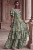 Green Flower A Line Tiered Square Neck Wedding Guest Dress with Sleeves