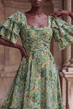 Green Flower A Line Tiered Square Neck Wedding Guest Dress with Sleeves