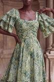 Green Flower A Line Tiered Square Neck Wedding Guest Dress with Sleeves