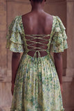 Green Flower A Line Tiered Square Neck Wedding Guest Dress with Sleeves