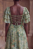 Green Flower A Line Tiered Square Neck Wedding Guest Dress with Sleeves
