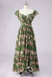 Green Flower A Line Square Neck Wedding Guest Dress with Slit